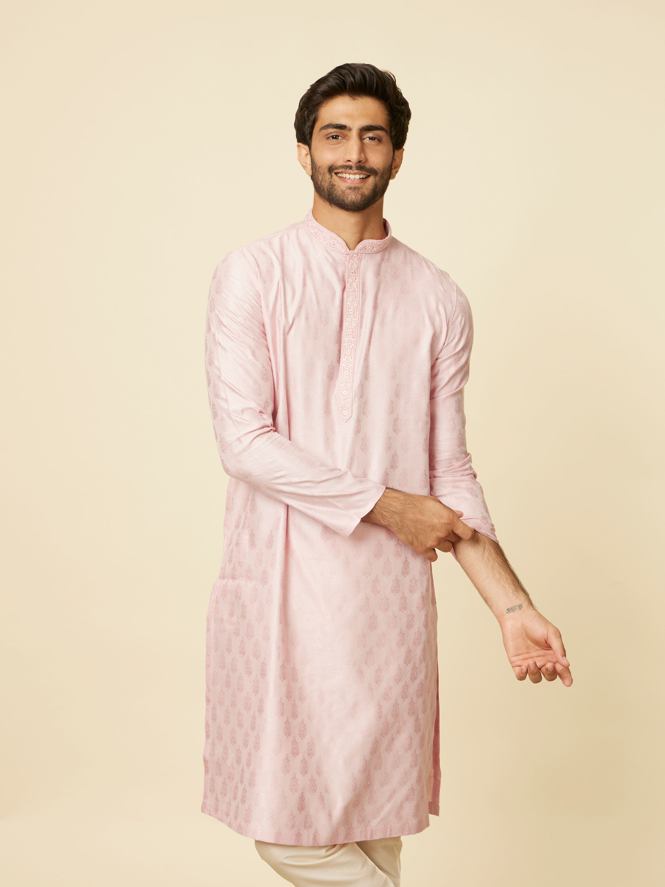 Manyavar Men Seashell Pink Imperial Printed Kurta Set