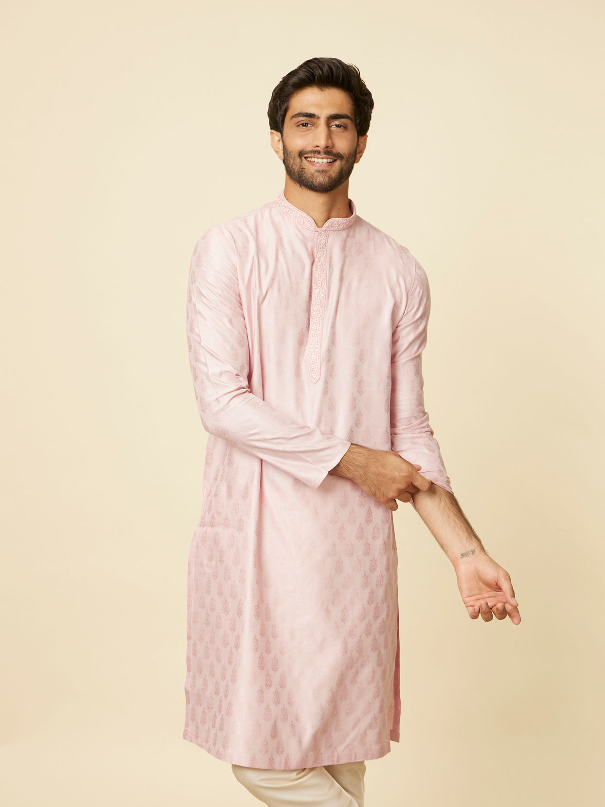 Manyavar Men Seashell Pink Imperial Printed Kurta Set