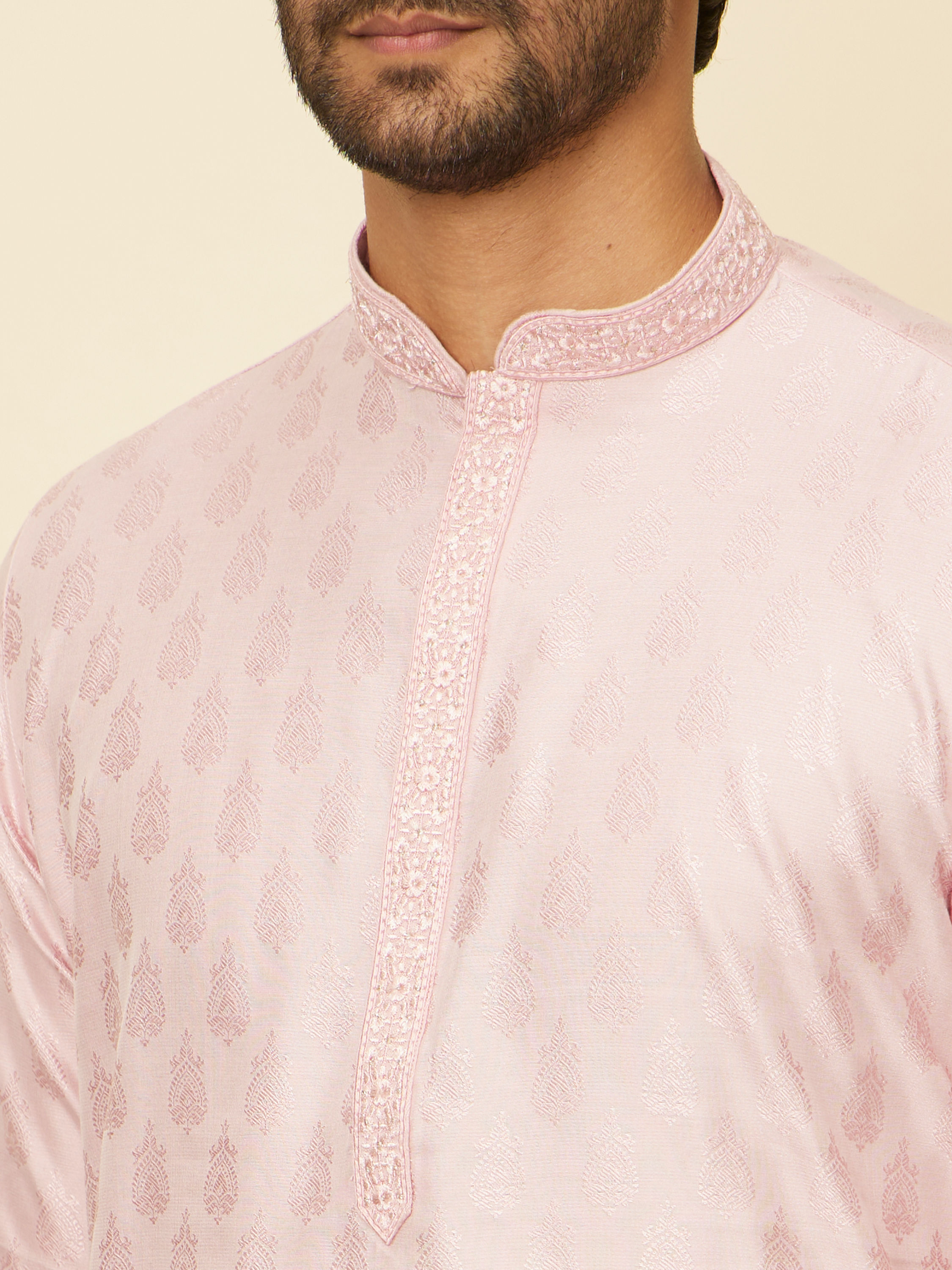 Manyavar Men Seashell Pink Imperial Printed Kurta Set