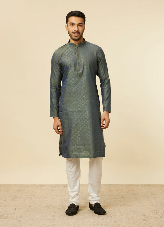 Manyavar Men Light Mid Green Jaal Chowkadi Patterned Kurta Set