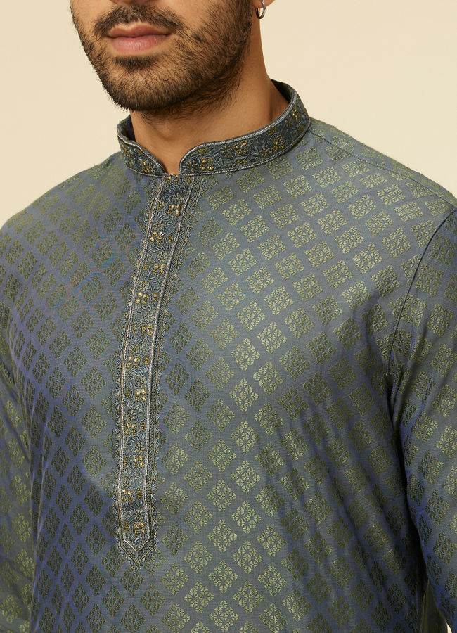 Manyavar Men Light Mid Green Jaal Chowkadi Patterned Kurta Set
