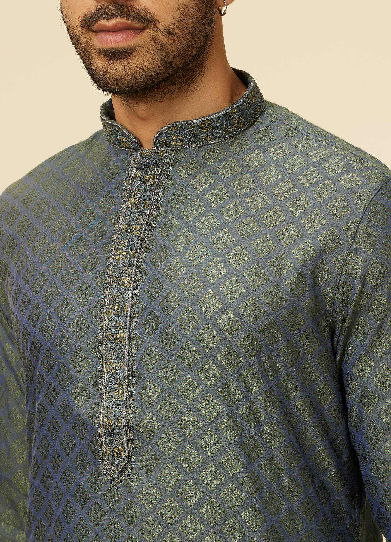 Manyavar Men Light Mid Green Jaal Chowkadi Patterned Kurta Set