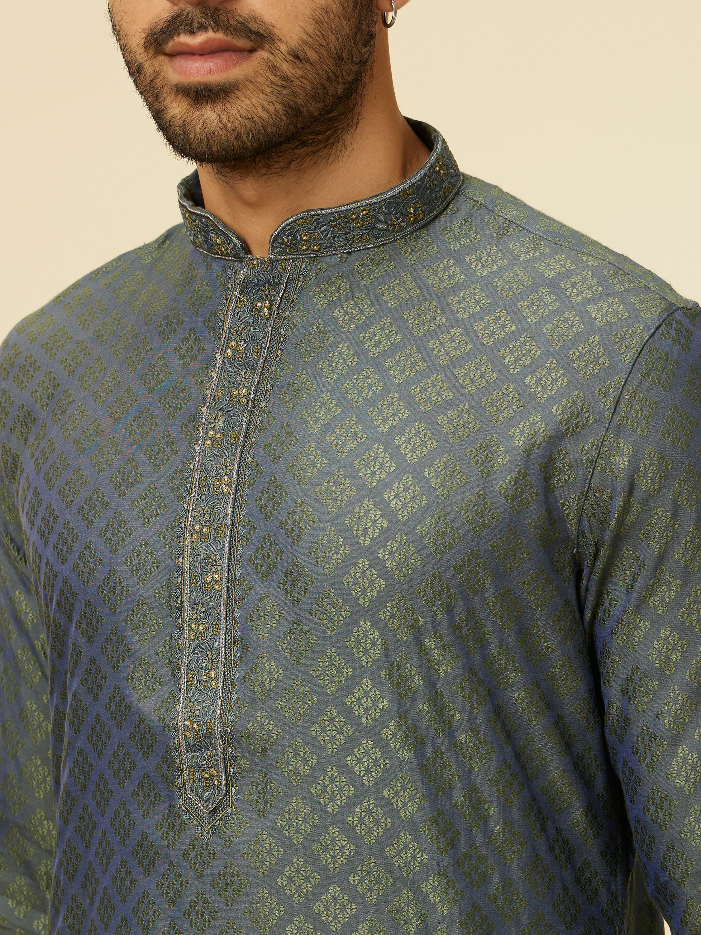 Manyavar Men Light Mid Green Jaal Chowkadi Patterned Kurta Set