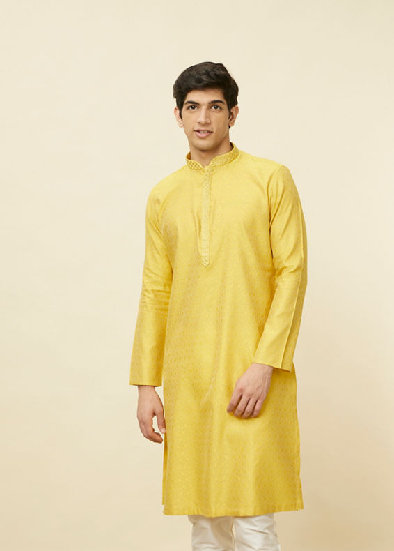 Manyavar Men Sunlight Yellow Self Patterned Kurta Set