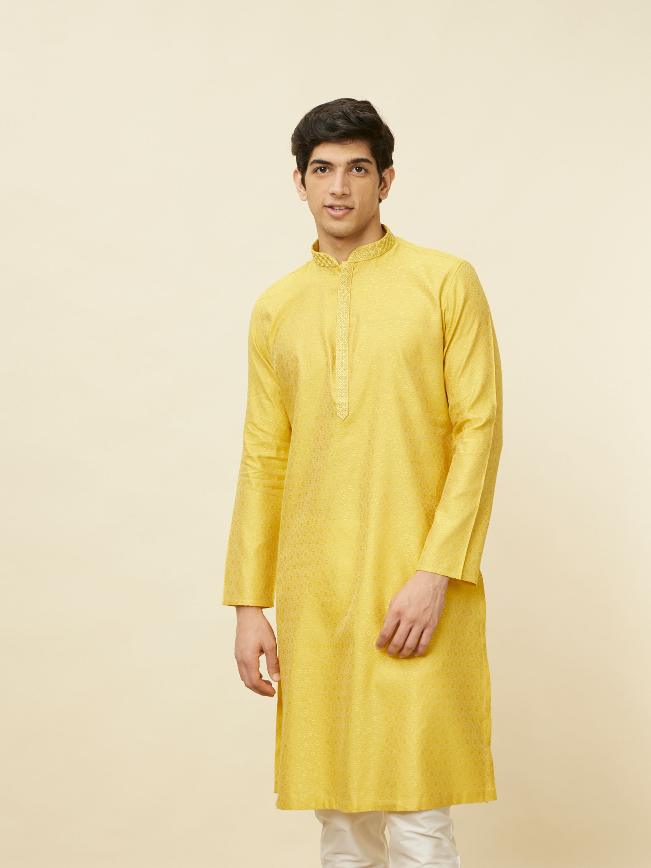 Manyavar Men Sunlight Yellow Self Patterned Kurta Set