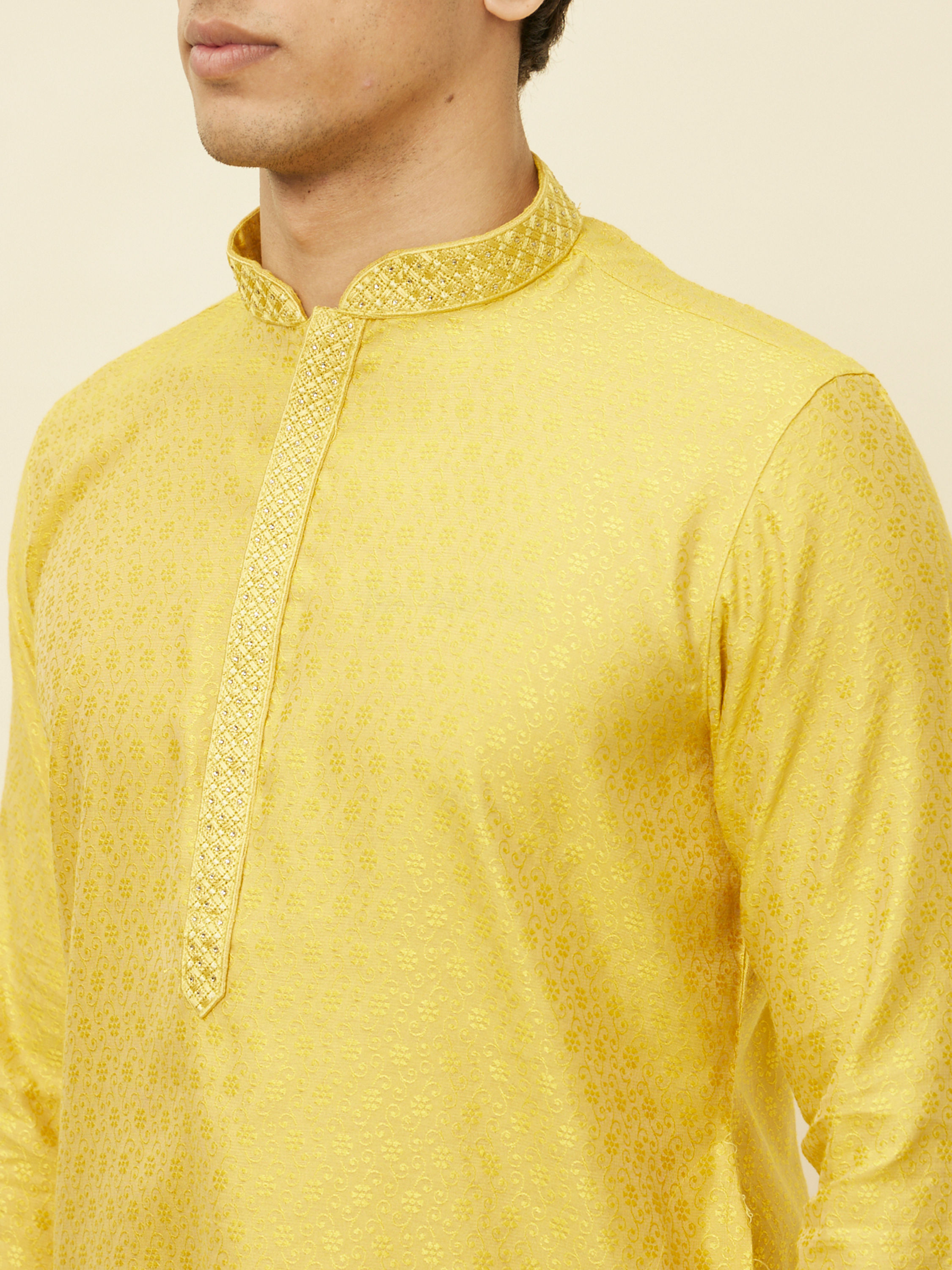 Manyavar Men Sunlight Yellow Self Patterned Kurta Set