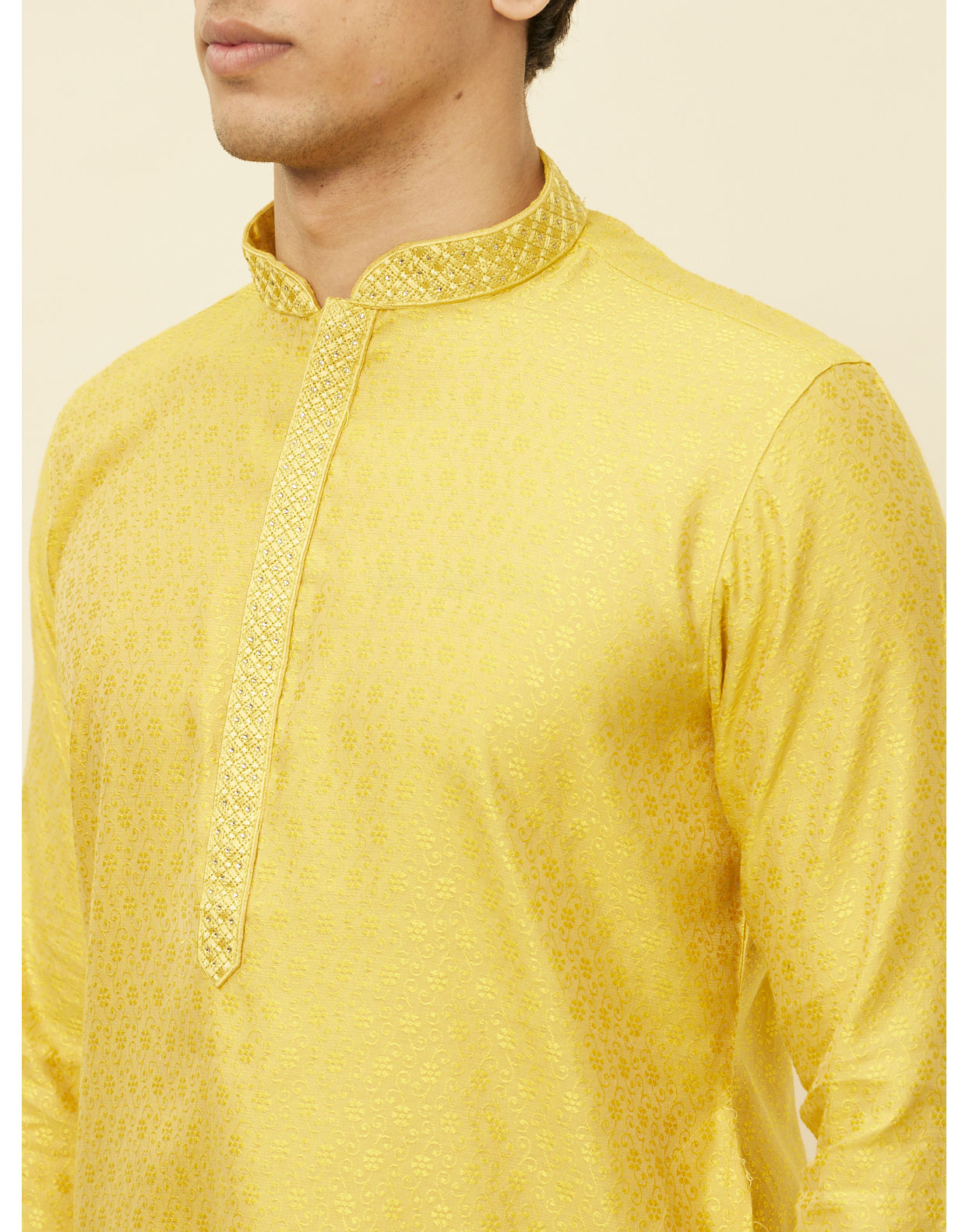 Manyavar Men Sunlight Yellow Self Patterned Kurta Set
