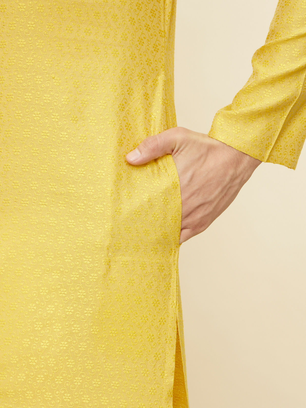 Manyavar Men Sunlight Yellow Self Patterned Kurta Set
