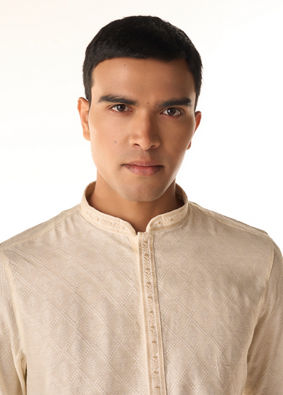 Manyavar Men Warm Cream Diamond Patterned Kurta Set