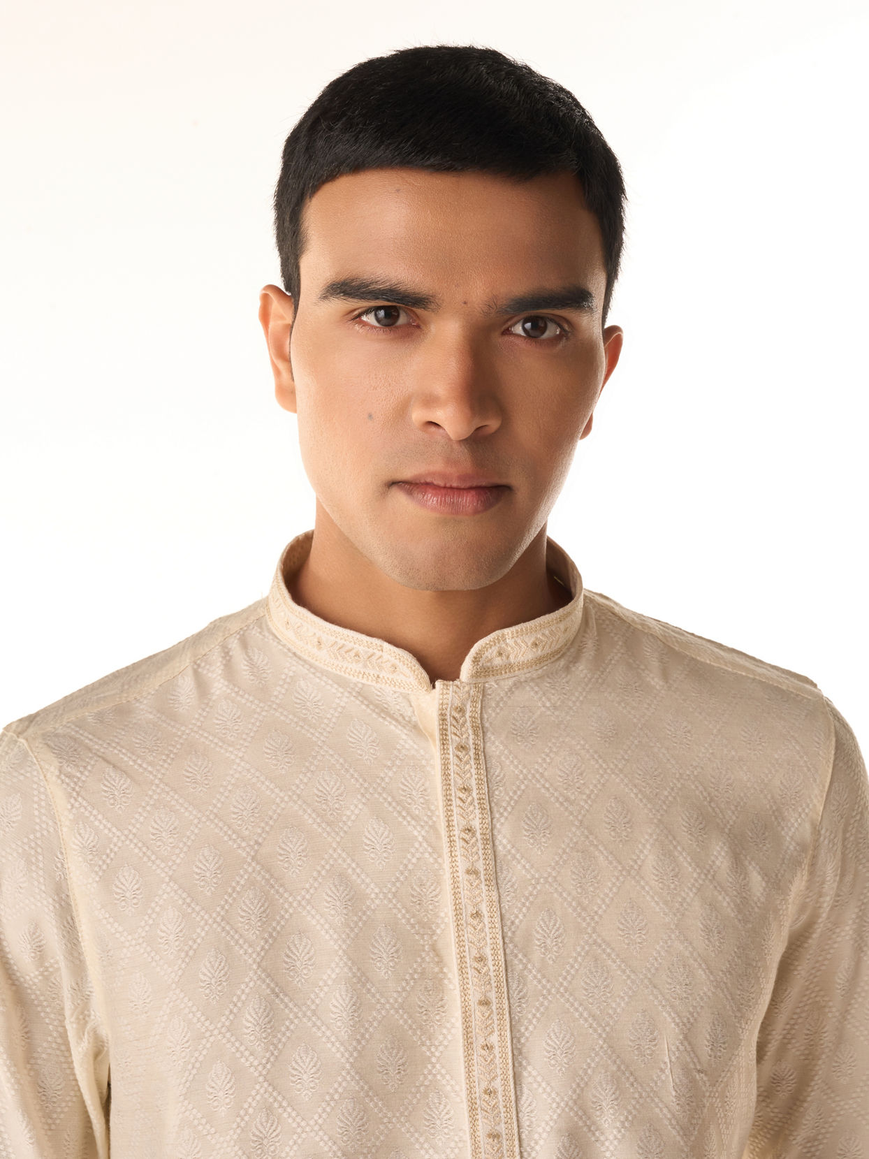 Manyavar Men Warm Cream Diamond Patterned Kurta Set