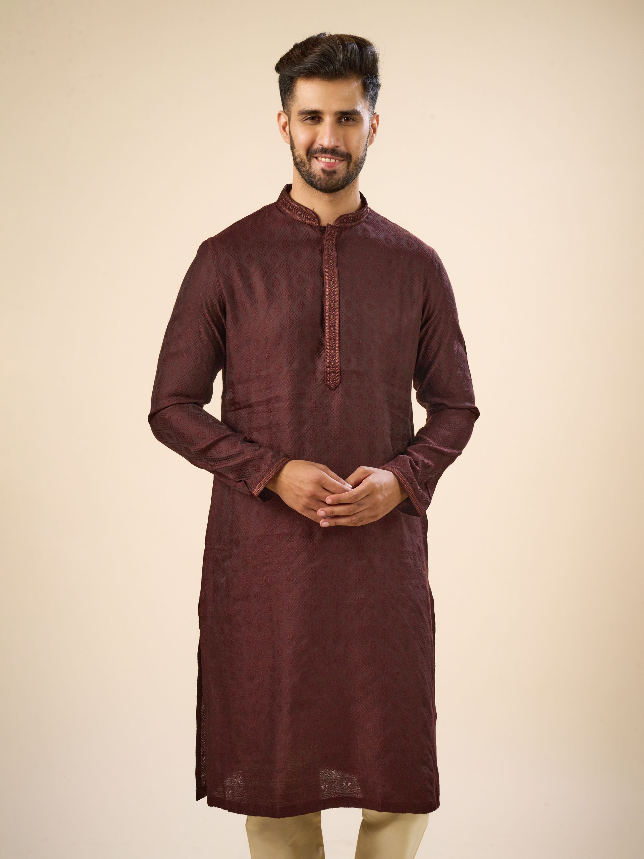 Manyavar Men Wine Elegance Kurta Pajama