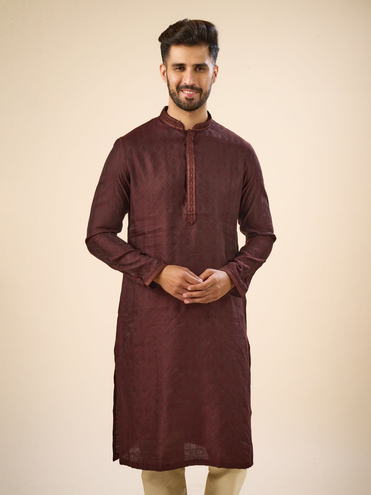Manyavar Men Wine Elegance Kurta Pajama