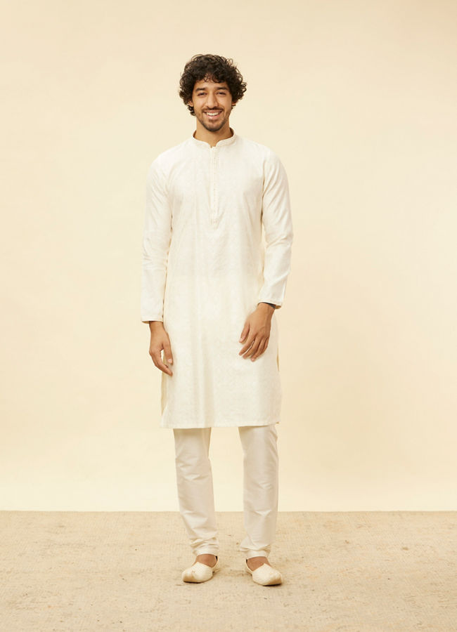 Manyavar Men Warm Cream Diamond Patterned Kurta Set