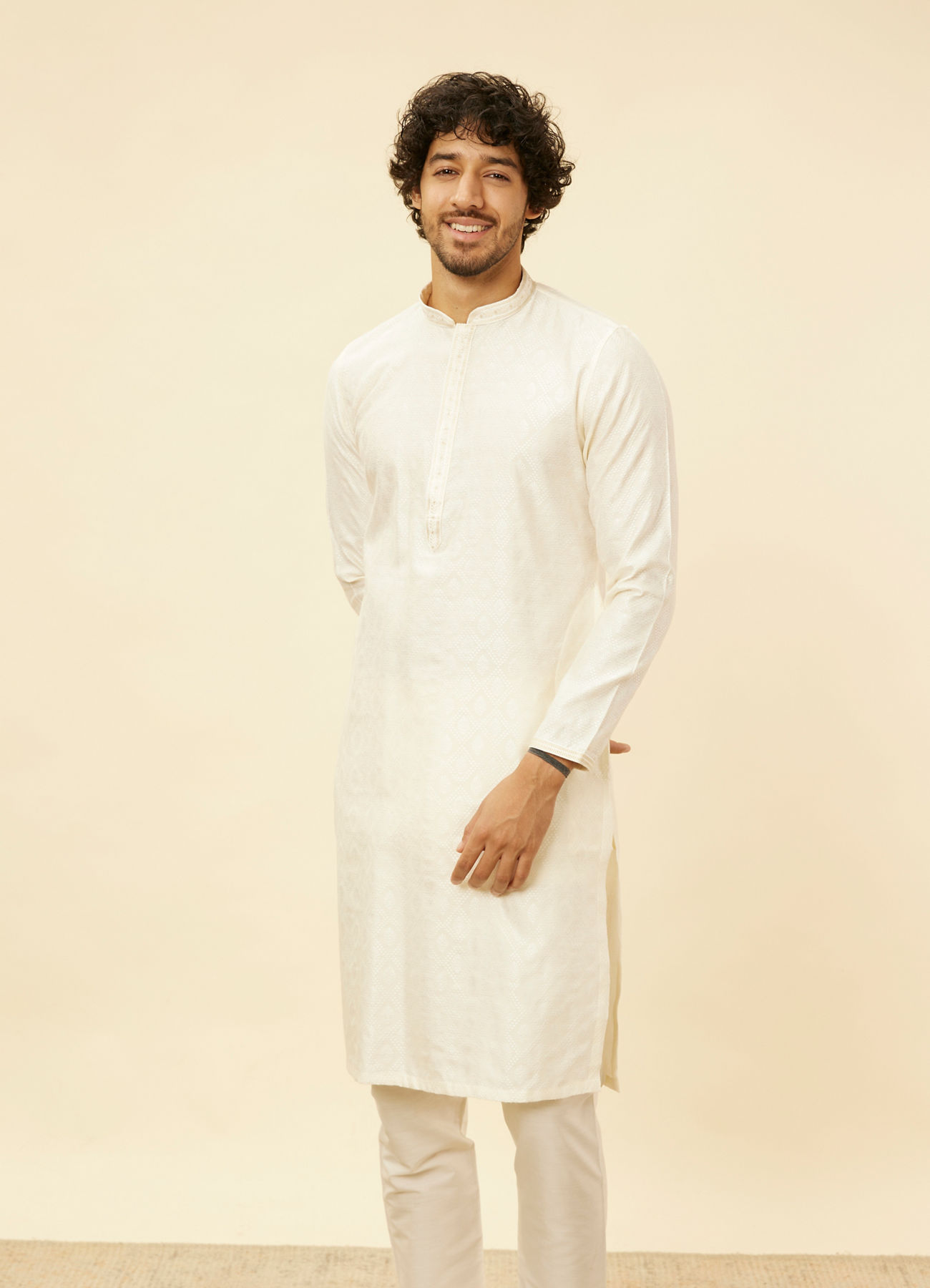 Manyavar Men Warm Cream Diamond Patterned Kurta Set