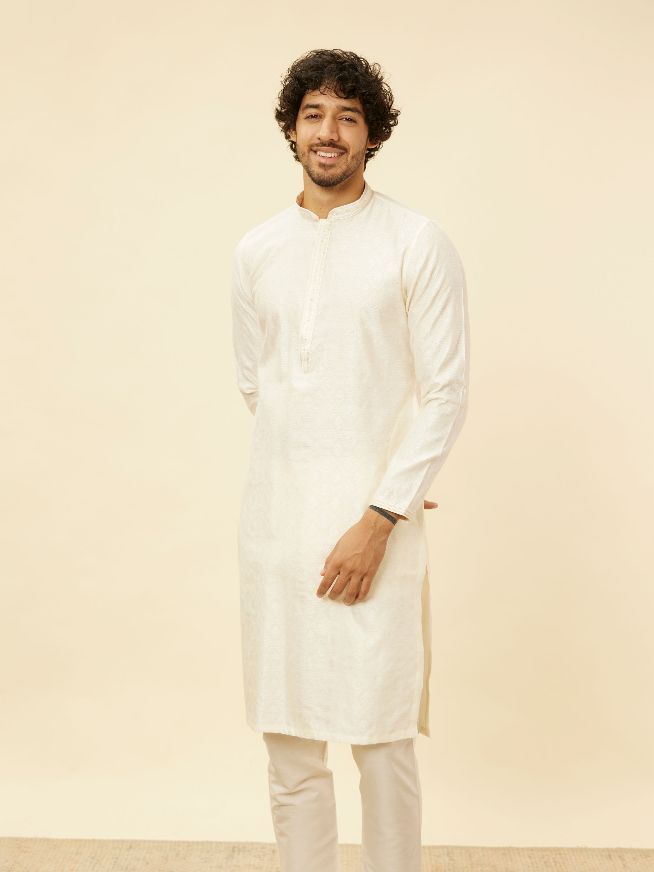 Manyavar Men Warm Cream Diamond Patterned Kurta Set