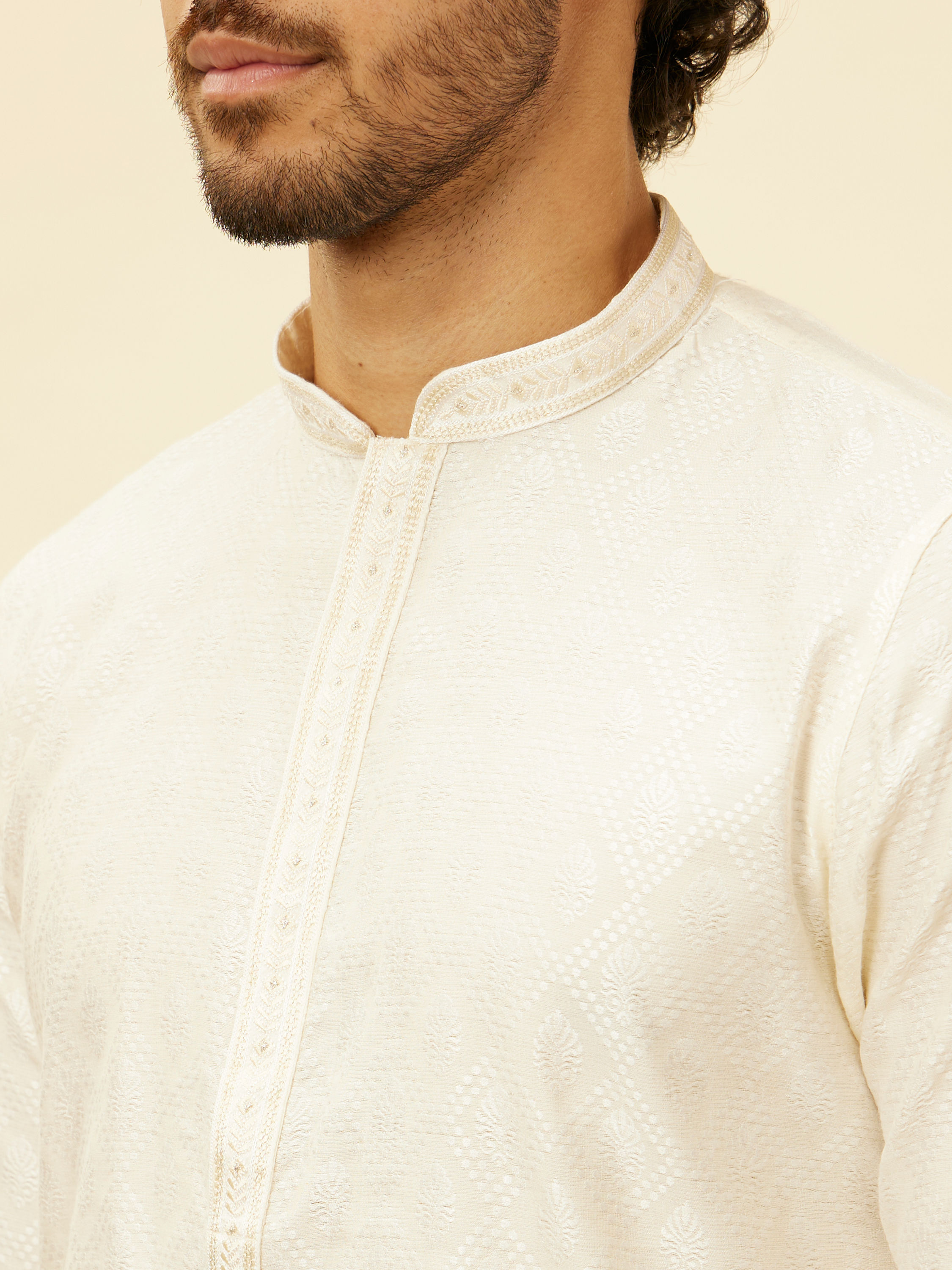 Manyavar Men Warm Cream Diamond Patterned Kurta Set