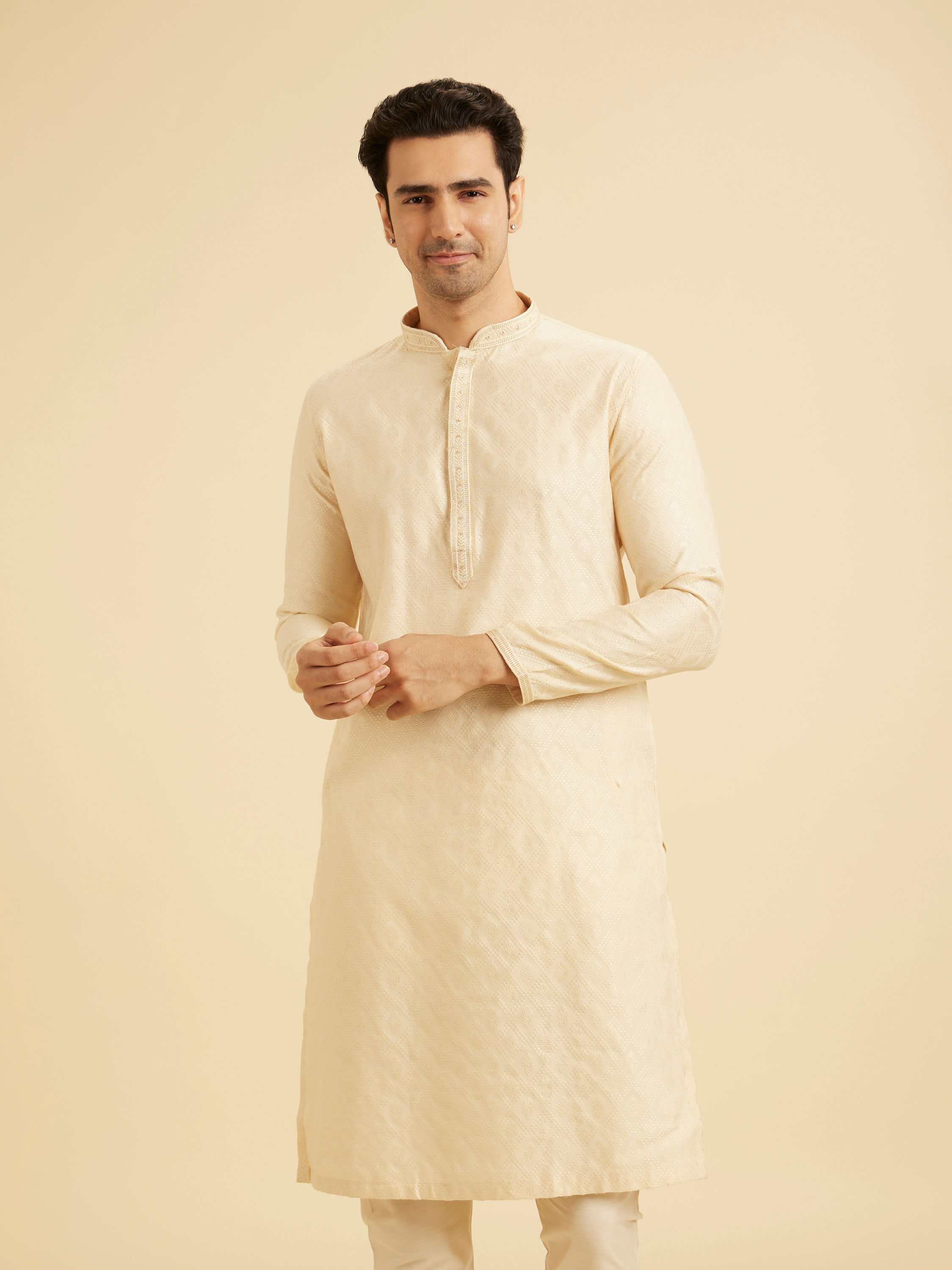 Manyavar Men Flaunting Beige Elegance Kurta Pajama