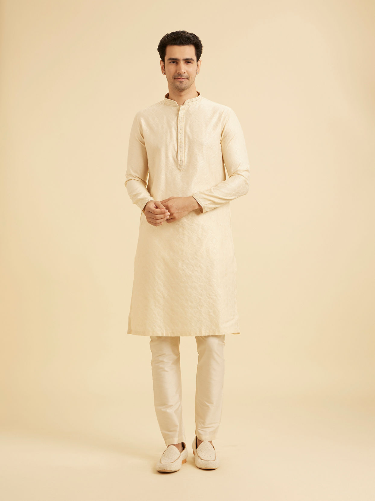 Manyavar Men Flaunting Beige Elegance Kurta Pajama