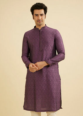 Manyavar Men Dewberry Purple Diamond Patterned Kurta Set image number 0