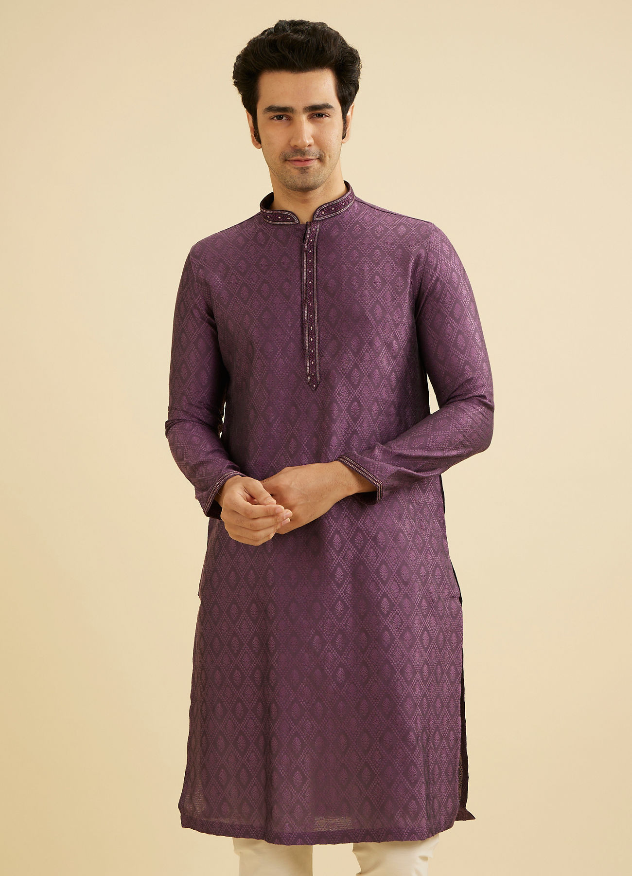 Manyavar Men Dewberry Purple Diamond Patterned Kurta Set