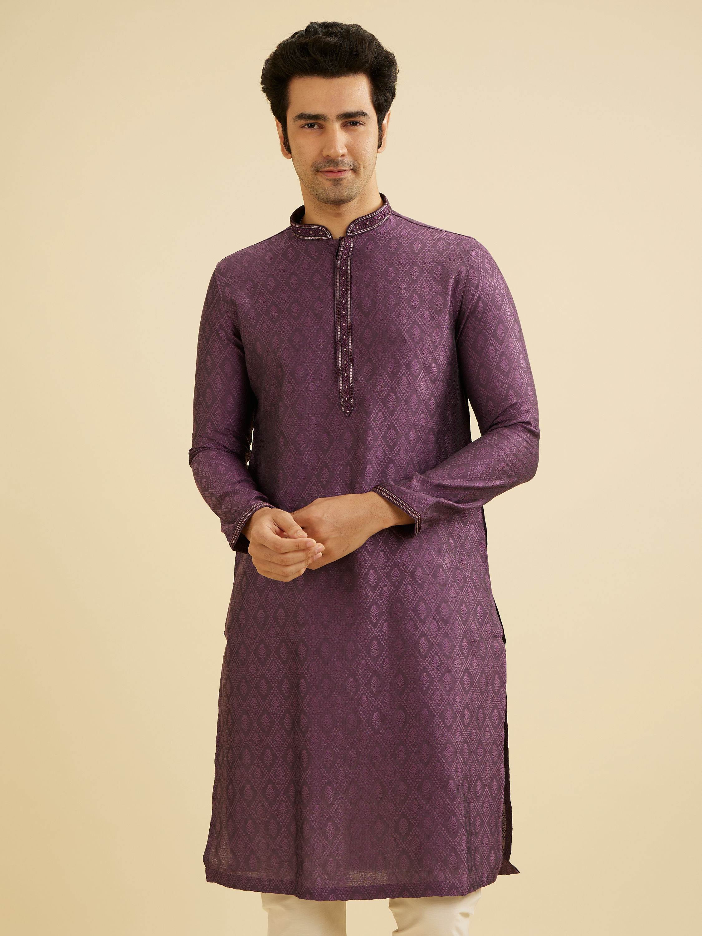 Manyavar Men Dewberry Purple Diamond Patterned Kurta Set