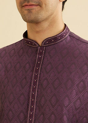 Manyavar Men Dewberry Purple Diamond Patterned Kurta Set image number 1