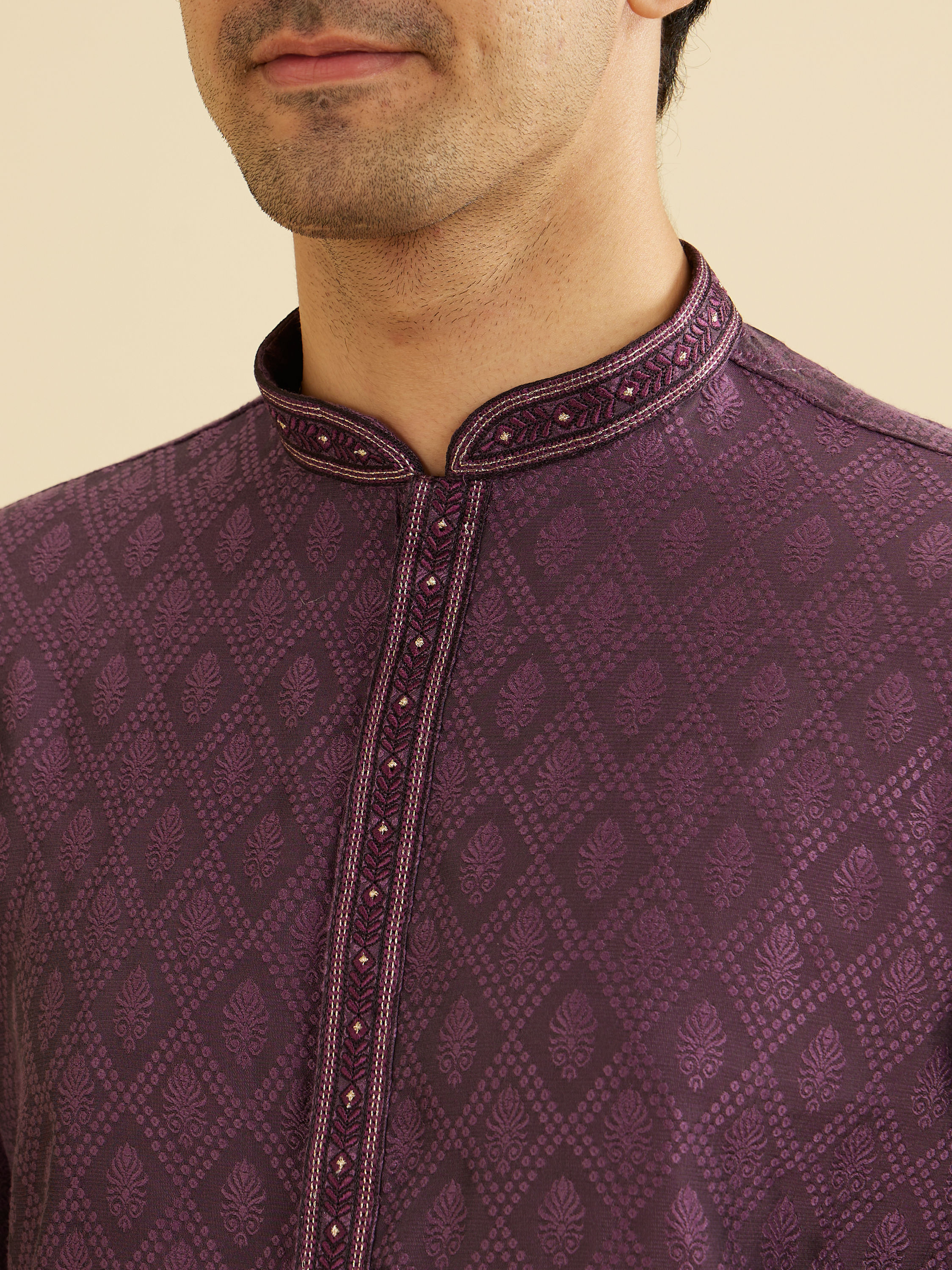 Manyavar Men Dewberry Purple Diamond Patterned Kurta Set