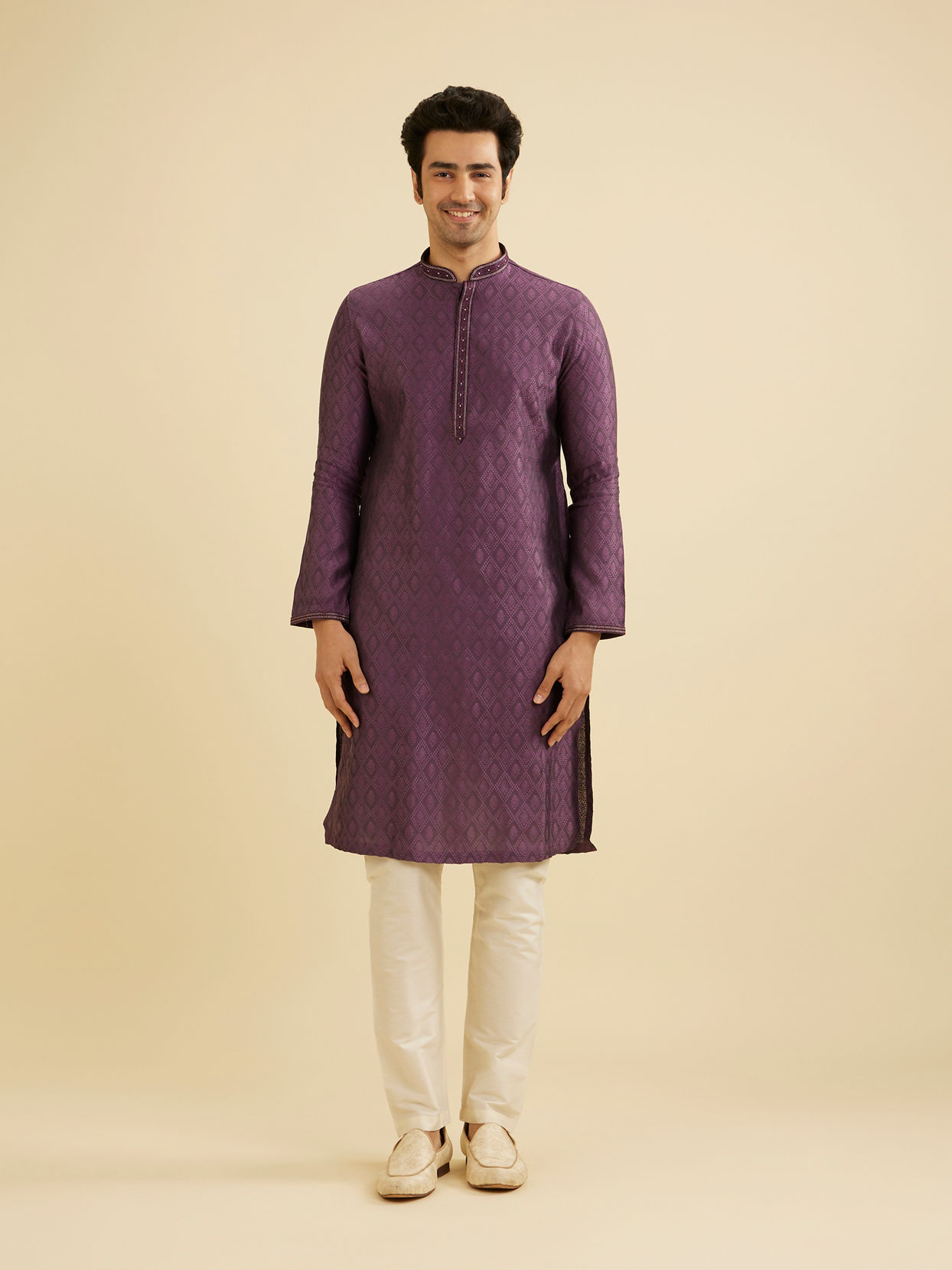 Manyavar Men Dewberry Purple Diamond Patterned Kurta Set
