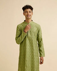 Manyavar Men Light Mid Green Diamond Patterned Kurta Set