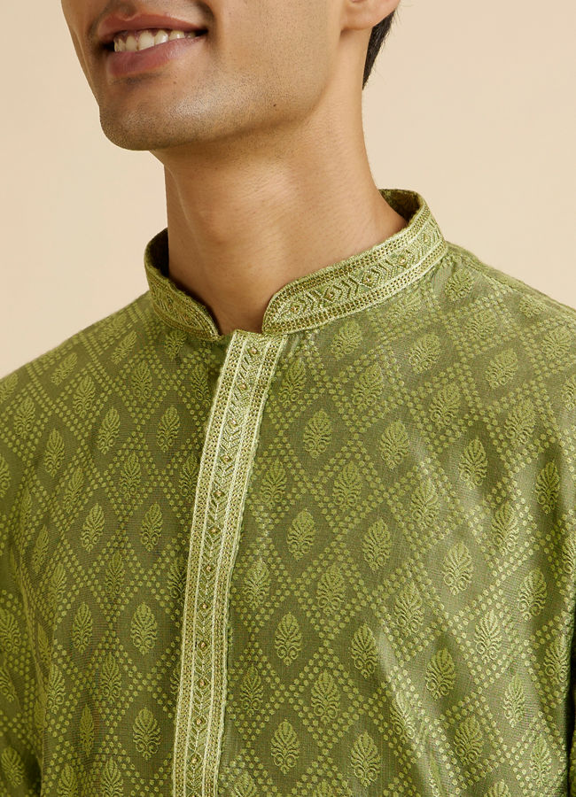 Manyavar Men Light Mid Green Diamond Patterned Kurta Set image number 1