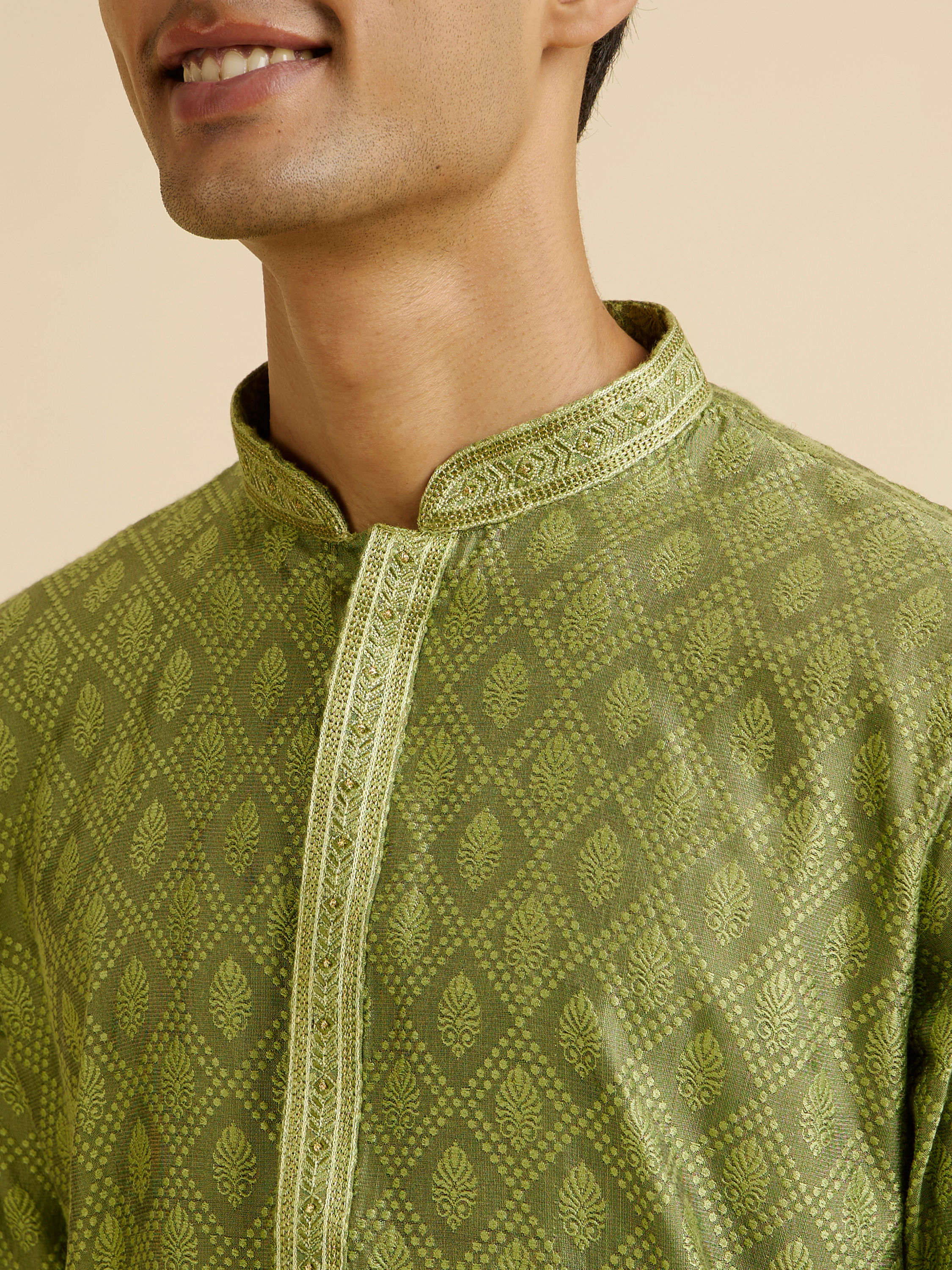 Manyavar Men Light Mid Green Diamond Patterned Kurta Set