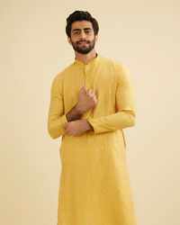 Manyavar Men Mustard Yellow Diamond Patterned Kurta Set