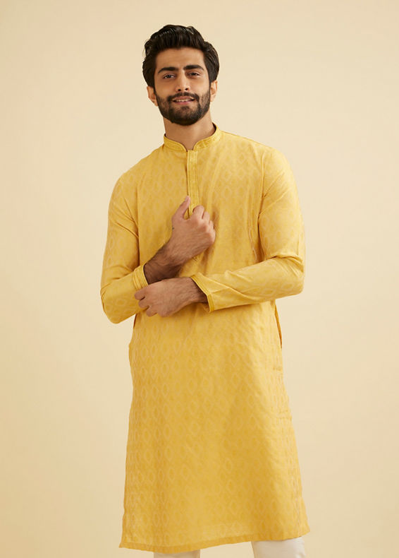 Manyavar Men Mustard Yellow Diamond Patterned Kurta Set