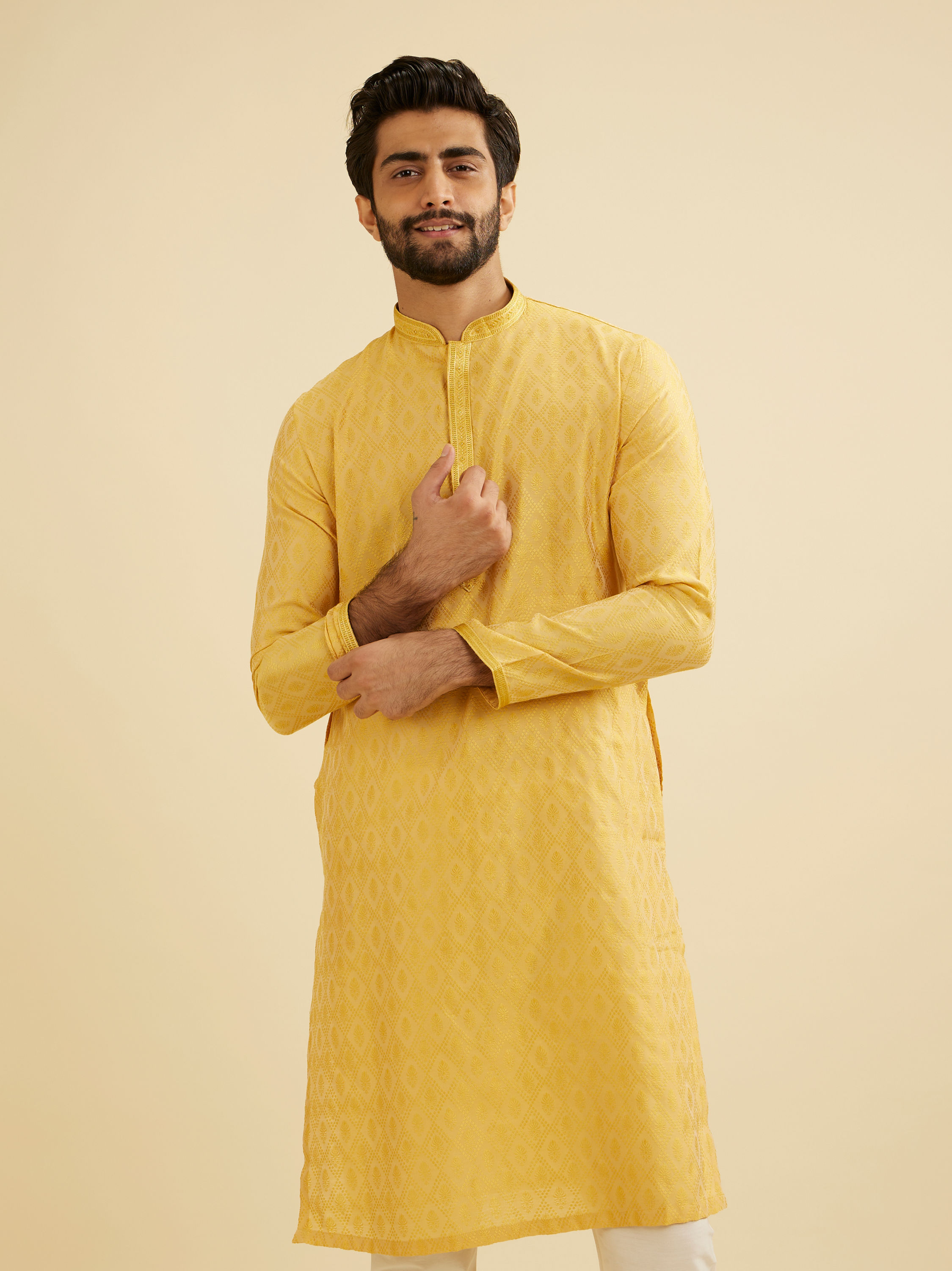 Manyavar Men Mustard Yellow Diamond Patterned Kurta Set