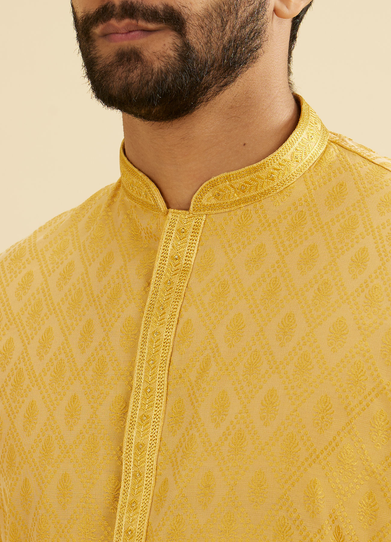 Manyavar Men Mustard Yellow Diamond Patterned Kurta Set