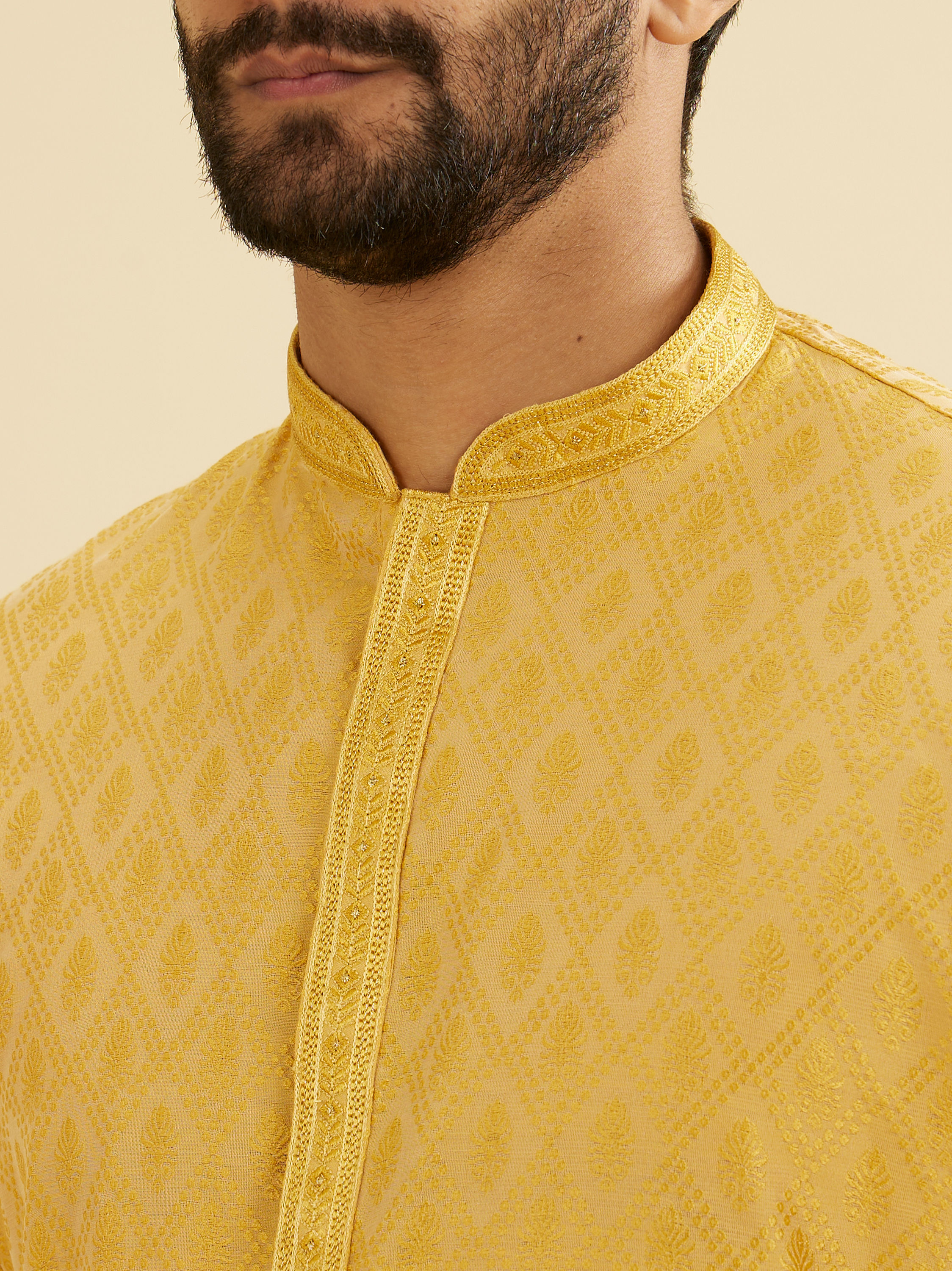 Manyavar Men Mustard Yellow Diamond Patterned Kurta Set