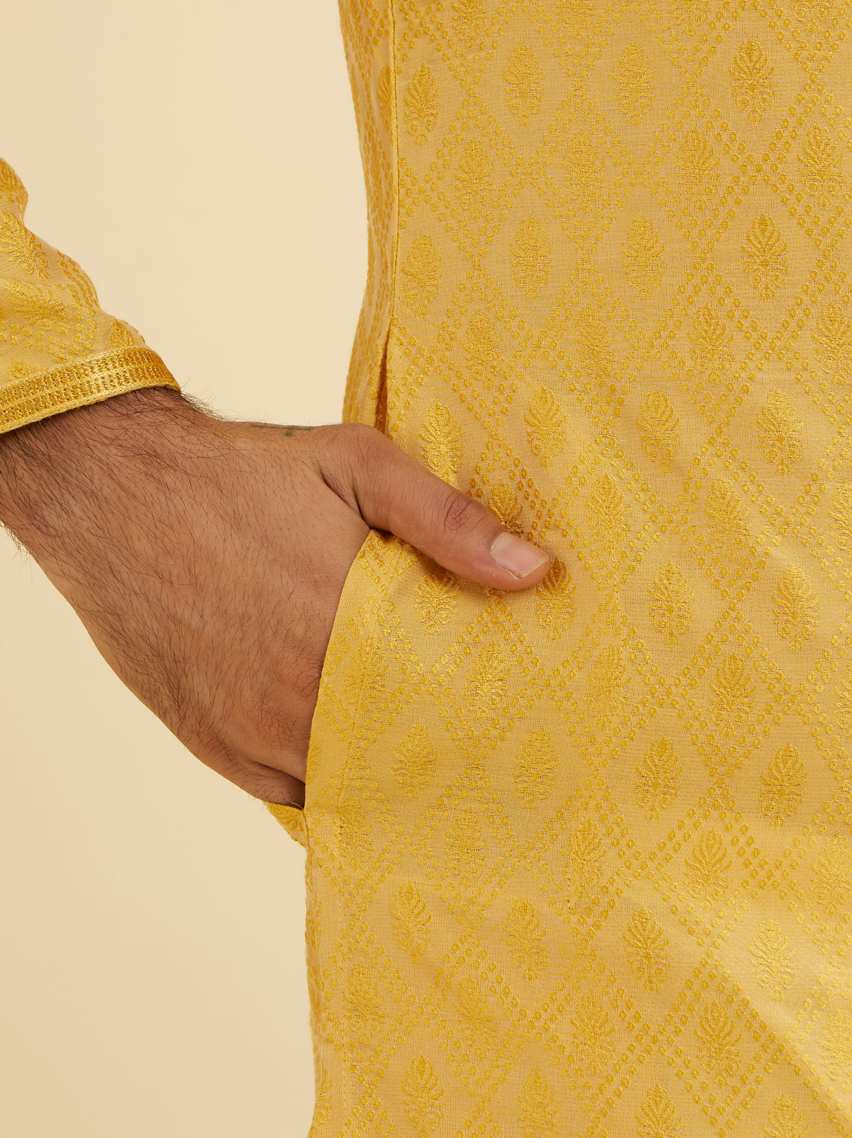 Manyavar Men Sunlit Mustard Blend Elegance Kurta Pajama image number 3