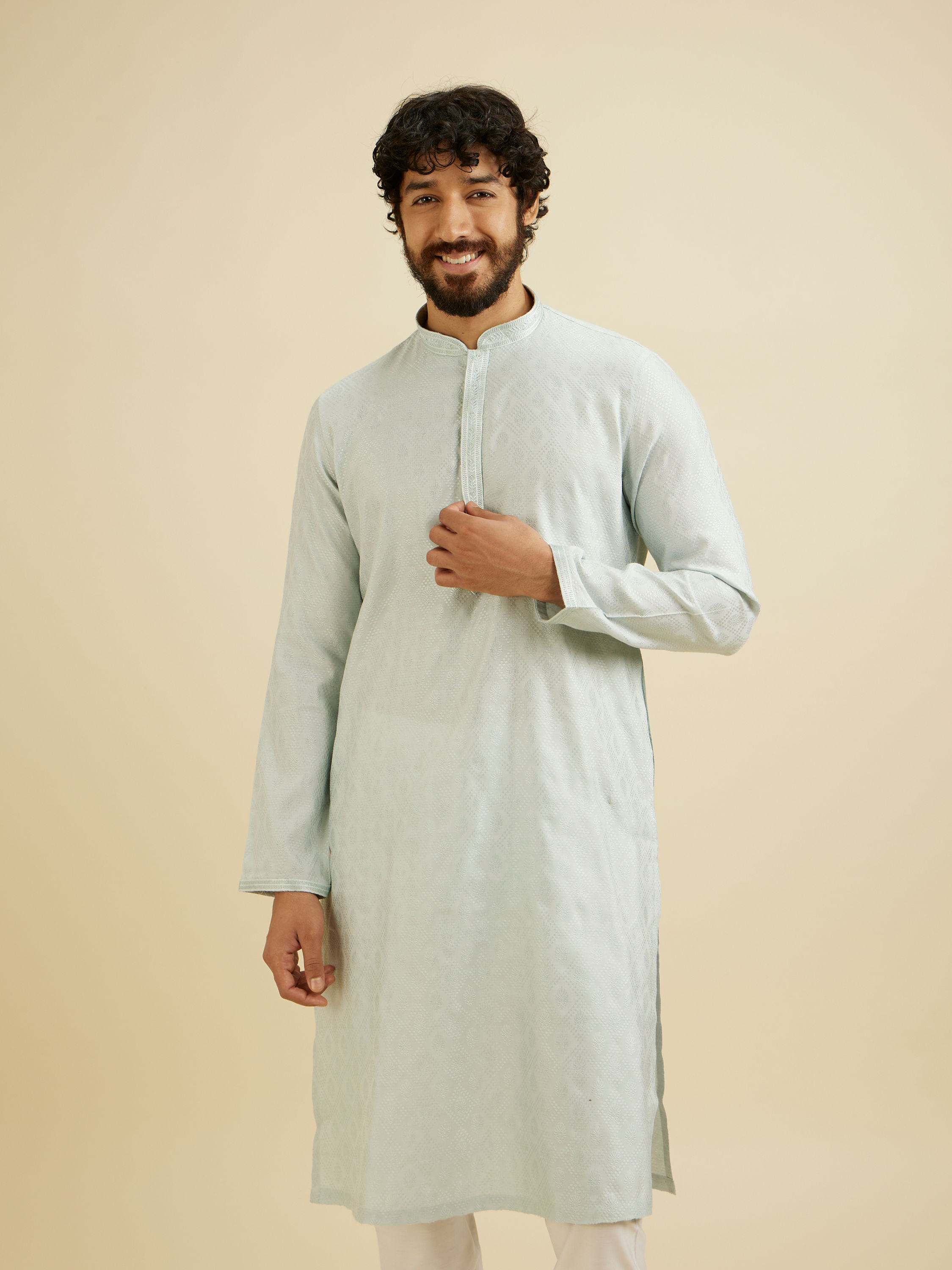 Manyavar Men Ice Blue Diamond Patterned Kurta Set