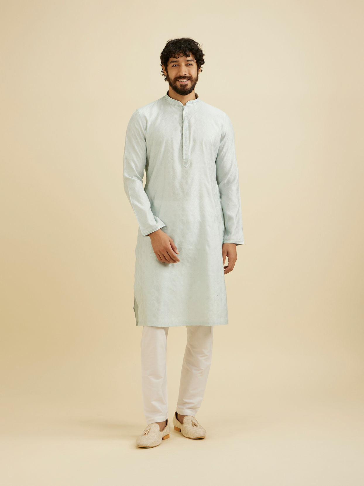 Manyavar Men Ice Blue Diamond Patterned Kurta Set