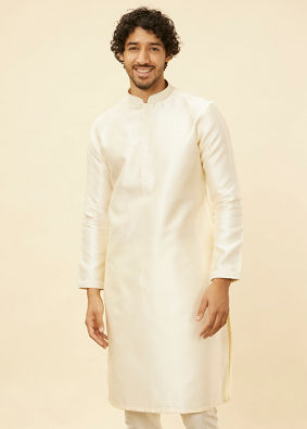 alt message - Manyavar Men Cloud Cream Self Patterned Kurta Set image number 0