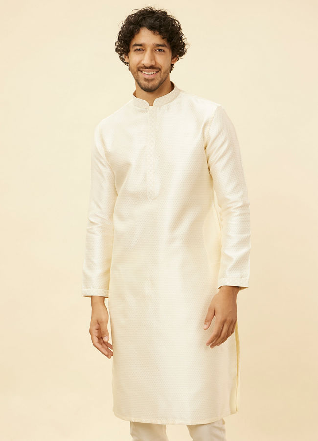 alt message - Manyavar Men Cloud Cream Self Patterned Kurta Set image number 0