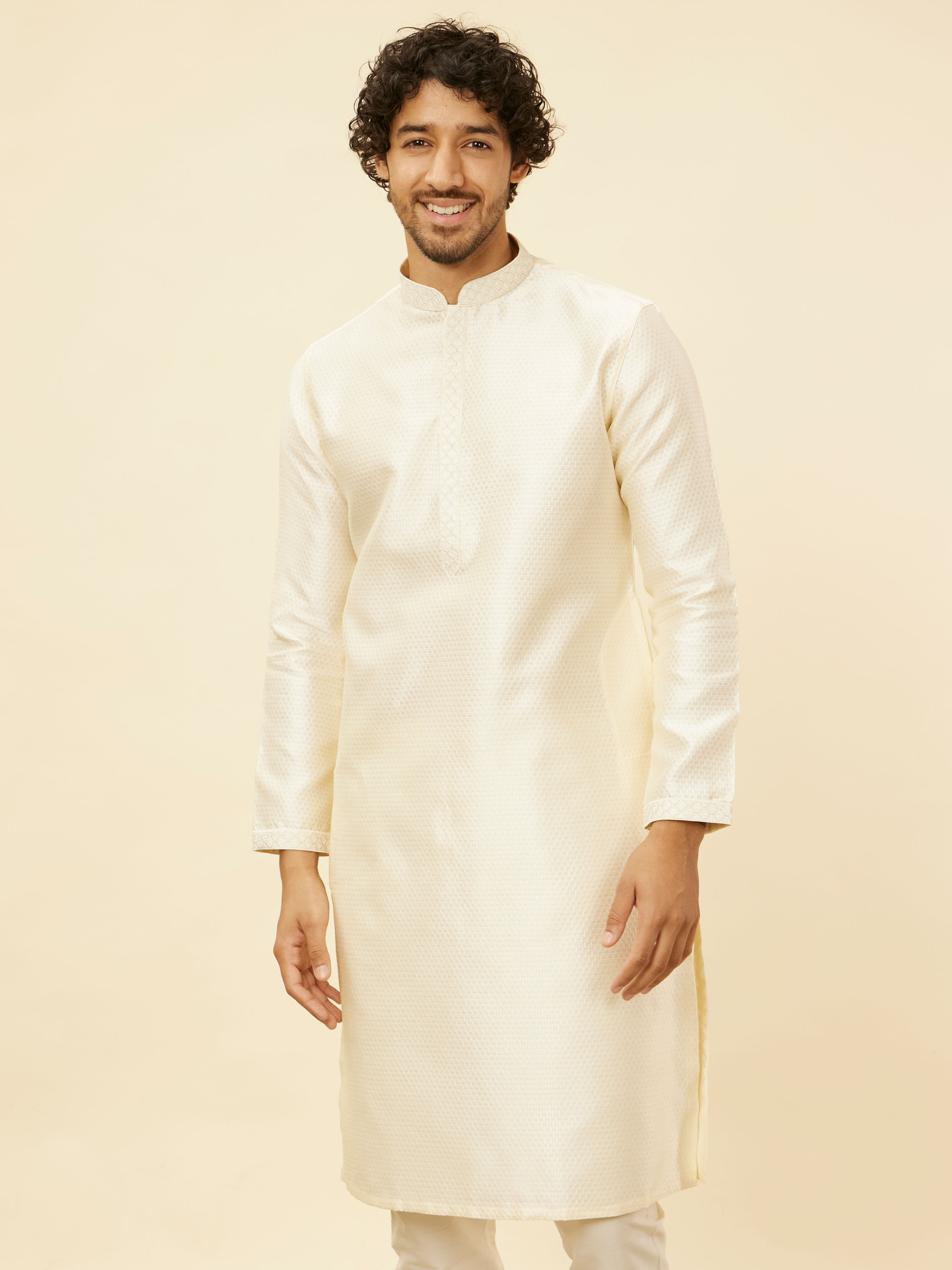 Manyavar Men Cloud Cream Self Patterned Kurta Set