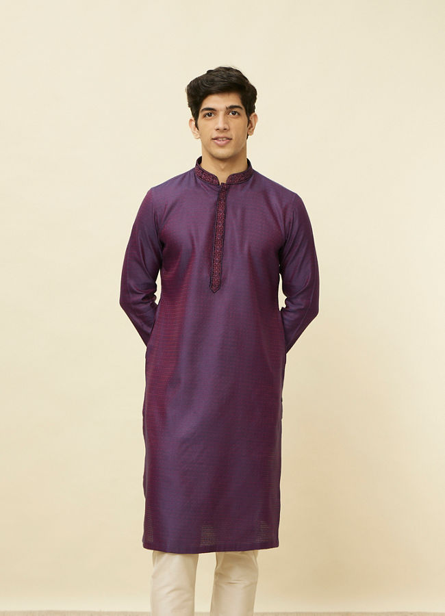 alt message - Manyavar Men Mulberry Self Patterned Kurta Set image number 0