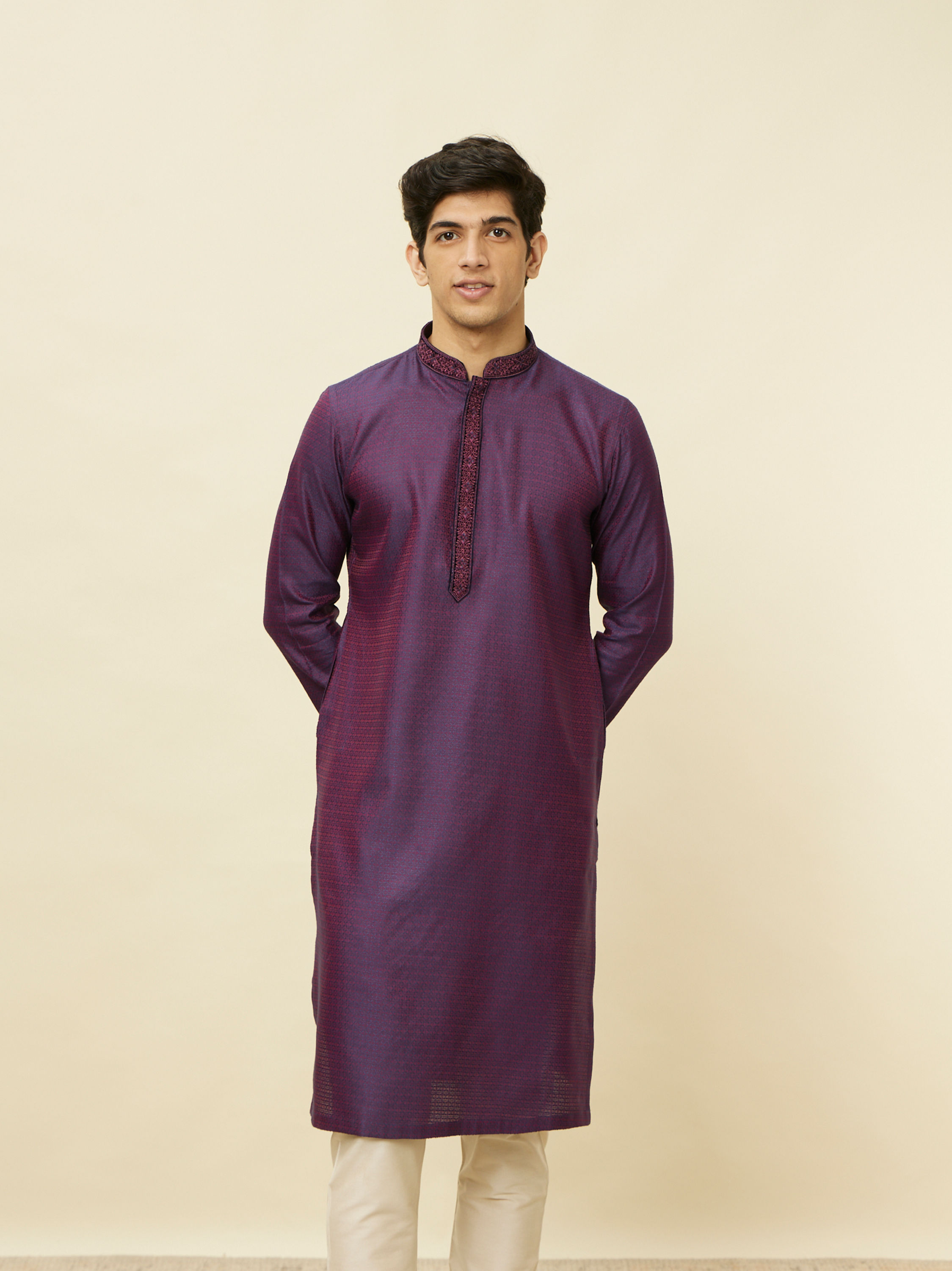 Manyavar Men Mulberry Self Patterned Kurta Set