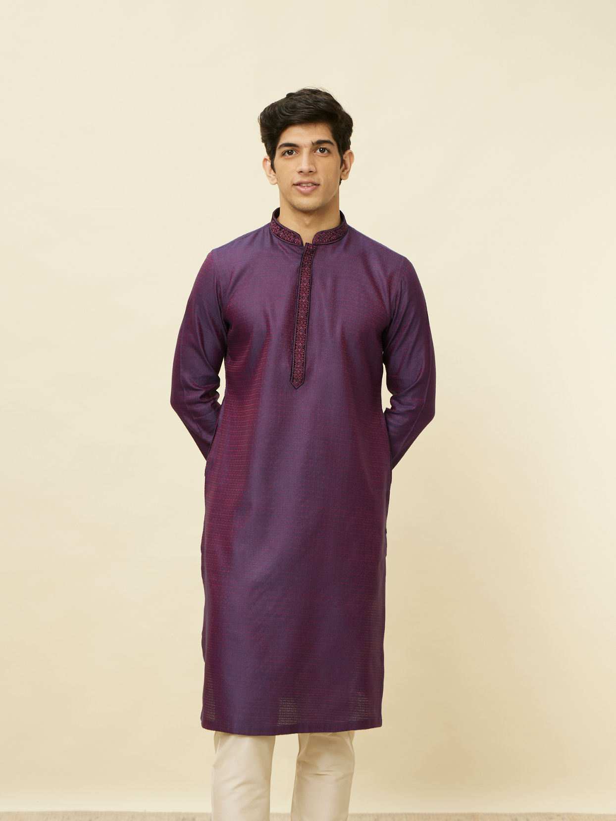 alt message - Manyavar Men Mulberry Self Patterned Kurta Set image number 0