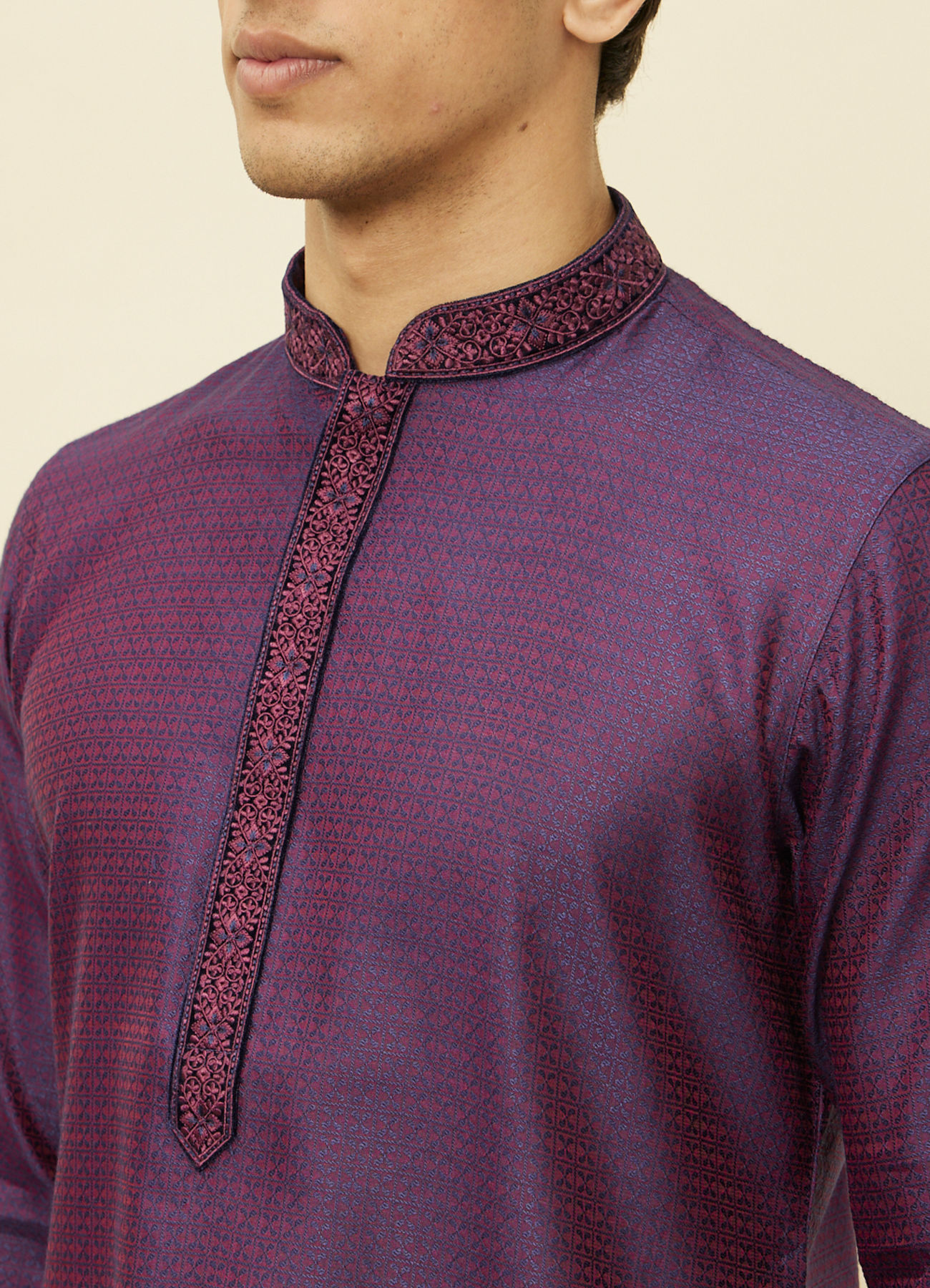 Manyavar Men Mulberry Self Patterned Kurta Set