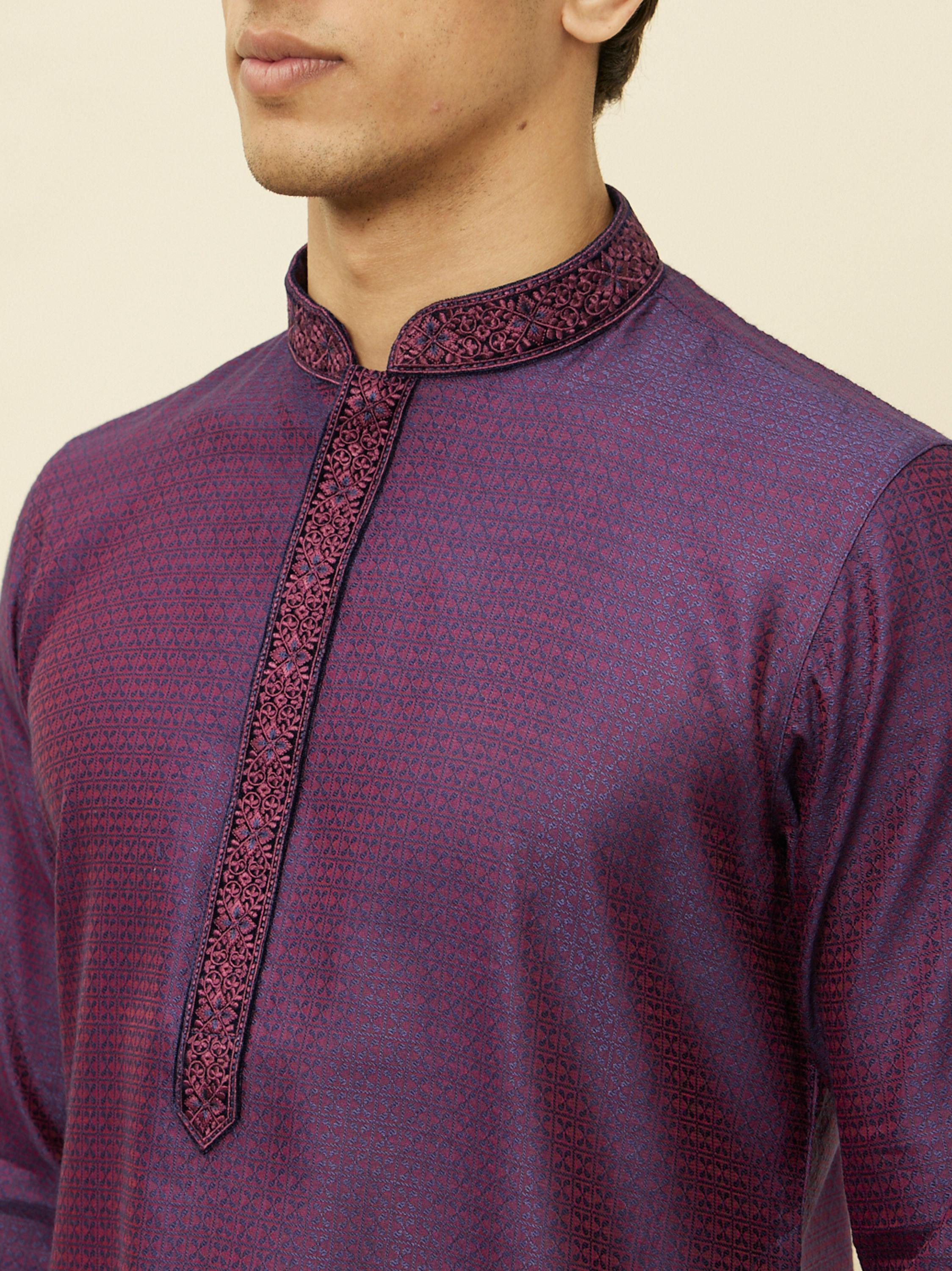 Manyavar Men Mulberry Self Patterned Kurta Set