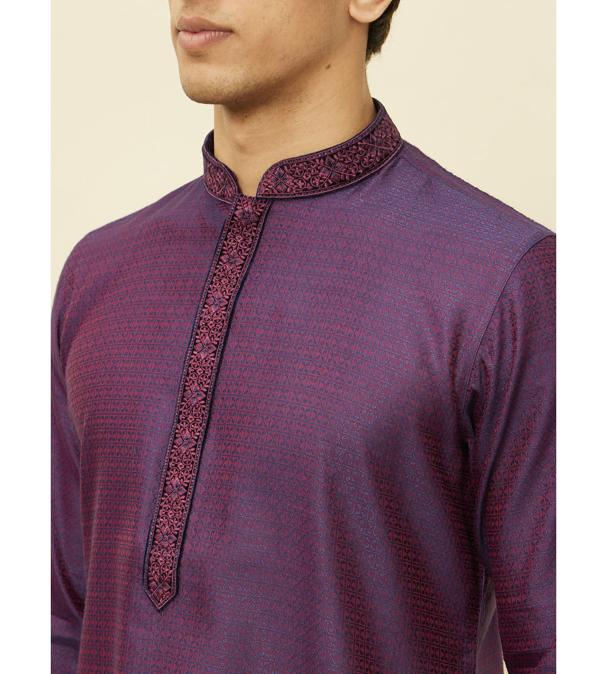 alt message - Manyavar Men Mulberry Self Patterned Kurta Set image number 1