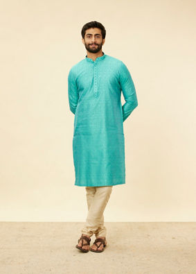 alt message - Manyavar Men Tropical Blue Diamond Patterned Kurta Set image number 2