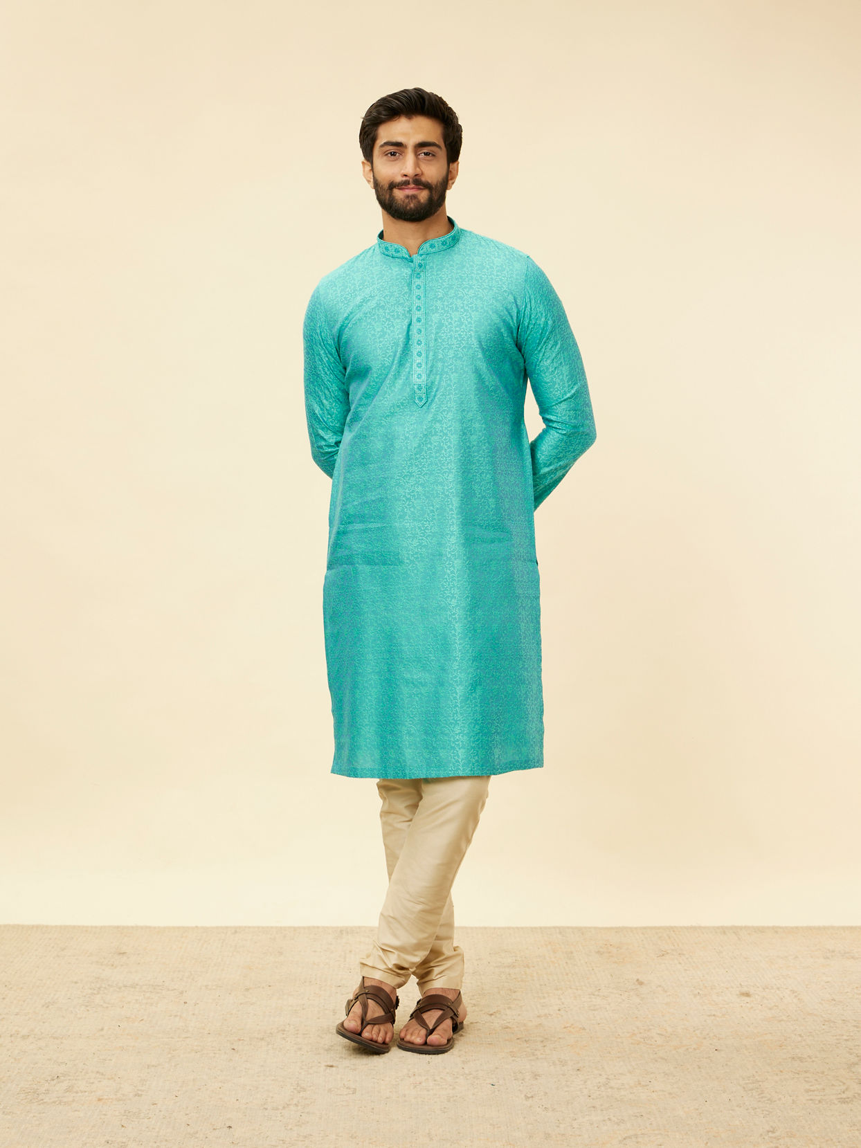 alt message - Manyavar Men Tropical Blue Diamond Patterned Kurta Set image number 2